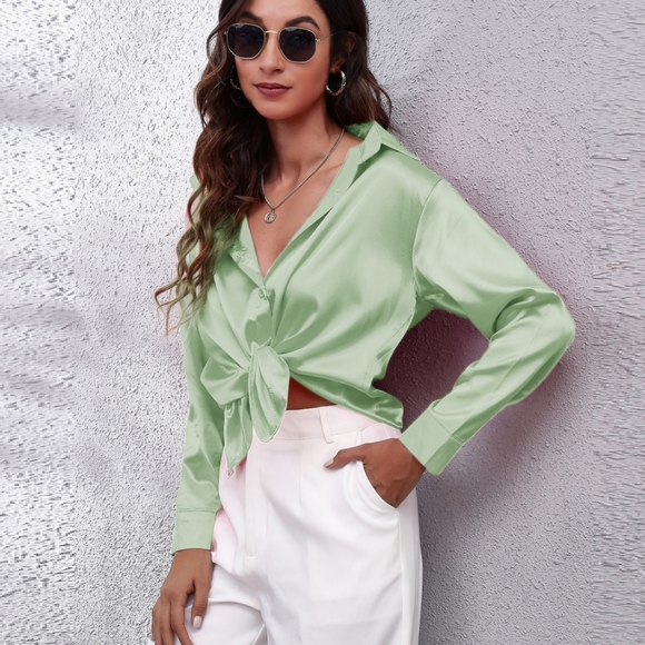 Light Green Collared Neck Buttoned Long Sleeve Shirt - Picture 3 of 15